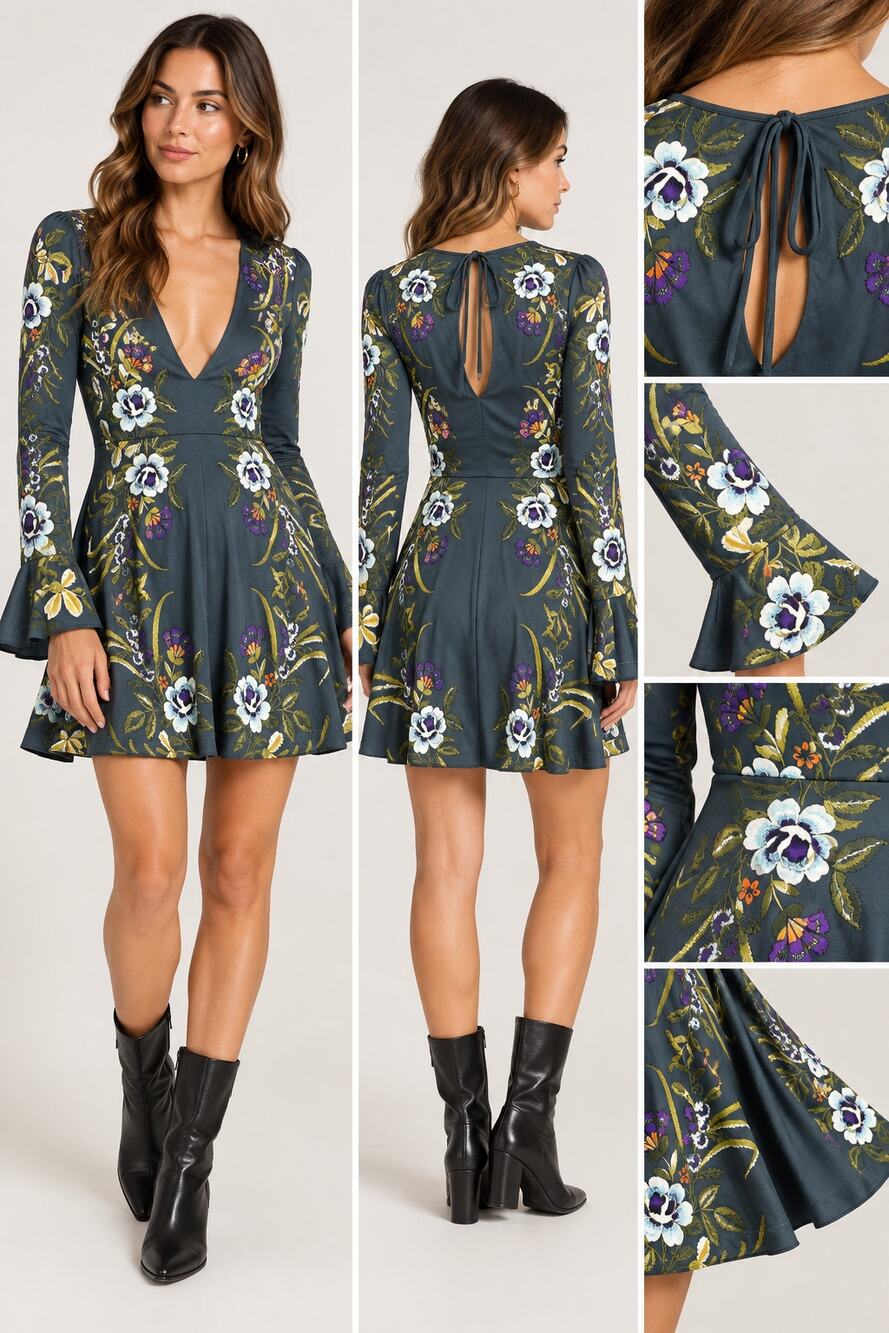 Free People In The Flowers Embroidered Mini Dress Gray Floral Bell Sleeve
